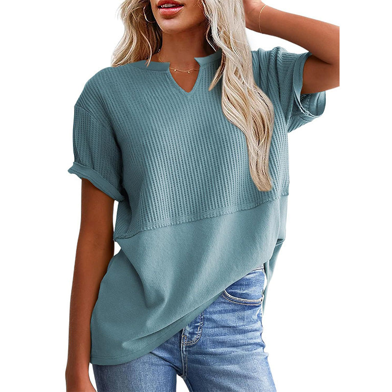 Women's Textured V-Neck Patchwork Short Sleeve Top - product view 19
