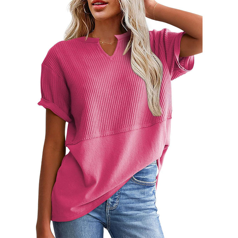 Women's Textured V-Neck Patchwork Short Sleeve Top - product view 17