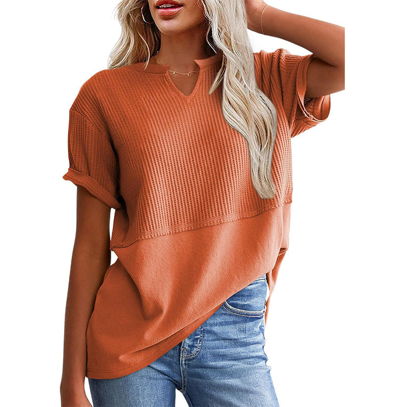 Women's Textured V-Neck Patchwork Short Sleeve Top - product view 20
