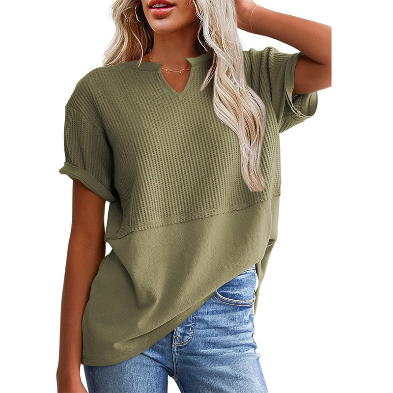 Women's Textured V-Neck Patchwork Short Sleeve Top - product view 23