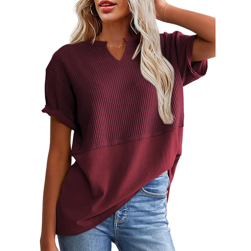 Women's Textured V-Neck Patchwork Short Sleeve Top - product view 21