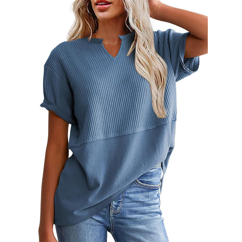 Women's Textured V-Neck Patchwork Short Sleeve Top - product view 24