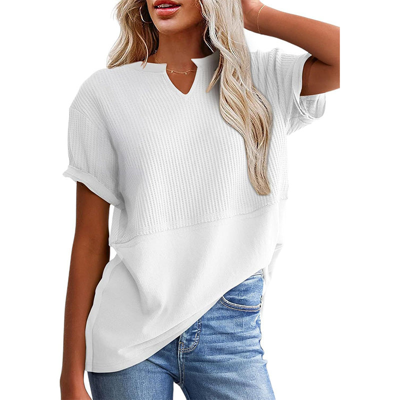 Women's Textured V-Neck Patchwork Short Sleeve Top - product view 22