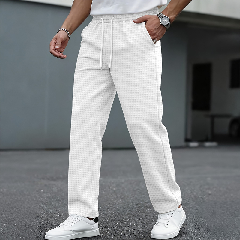 White men's waffle-knit drawstring casual pants – styled front view
