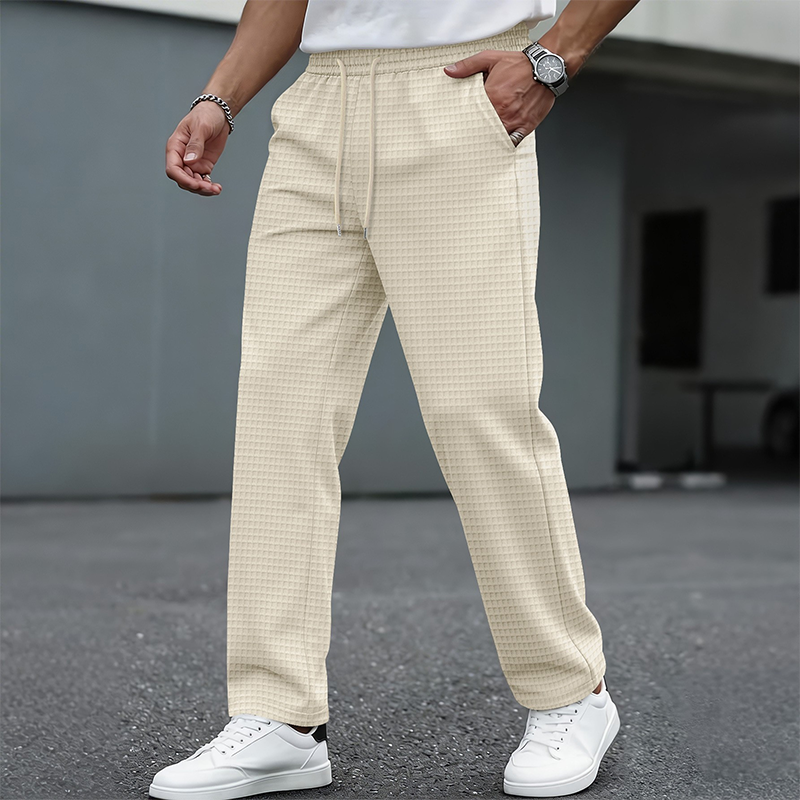 Khaki men's waffle-knit drawstring casual pants – styled front view