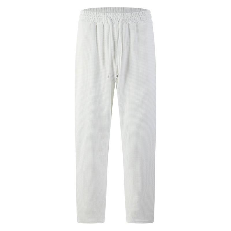 White men's waffle-knit drawstring casual pants – product view