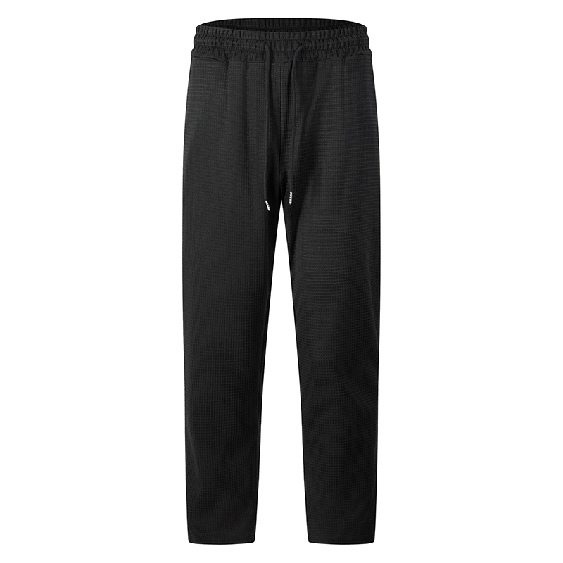 Black men's waffle-knit drawstring casual pants – product view