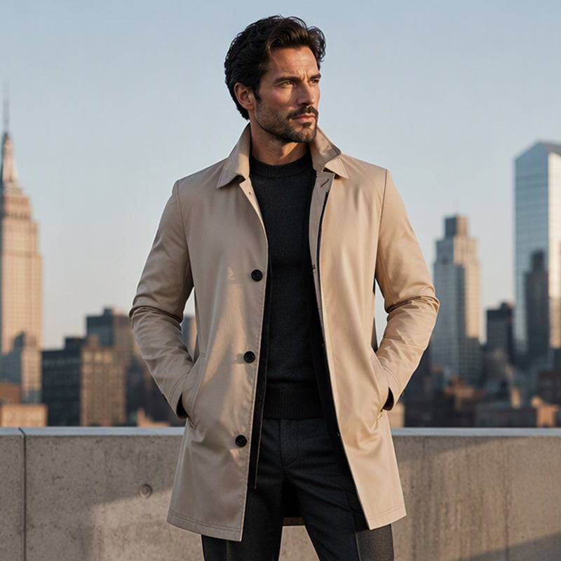 Men's minimalist single-breasted mid-length coat, product view 9