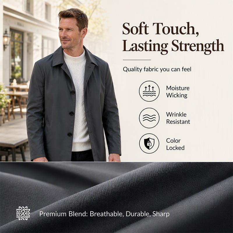Men's minimalist single-breasted mid-length coat, product view 5