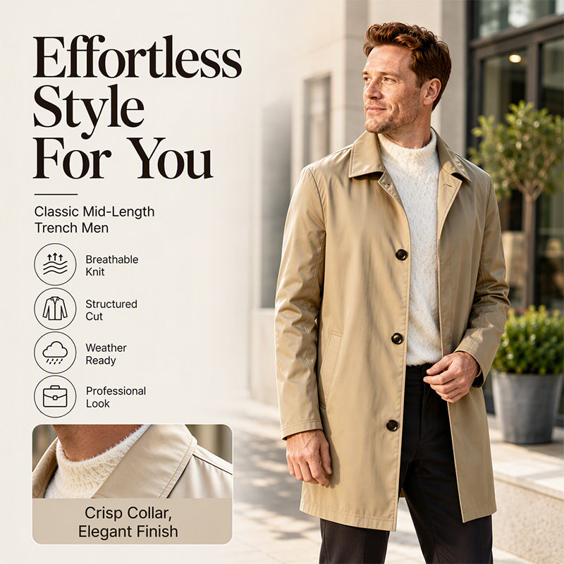 Men's minimalist single-breasted mid-length coat, product view 1