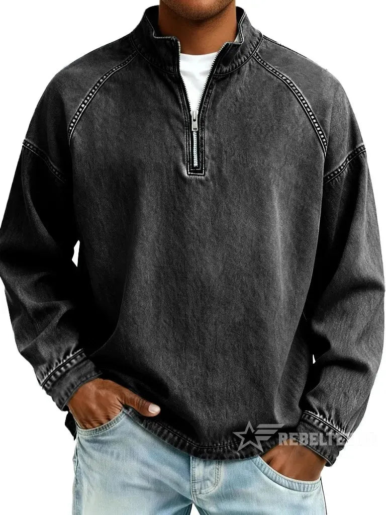 Black men's vintage half-zip cotton pullover on a white background