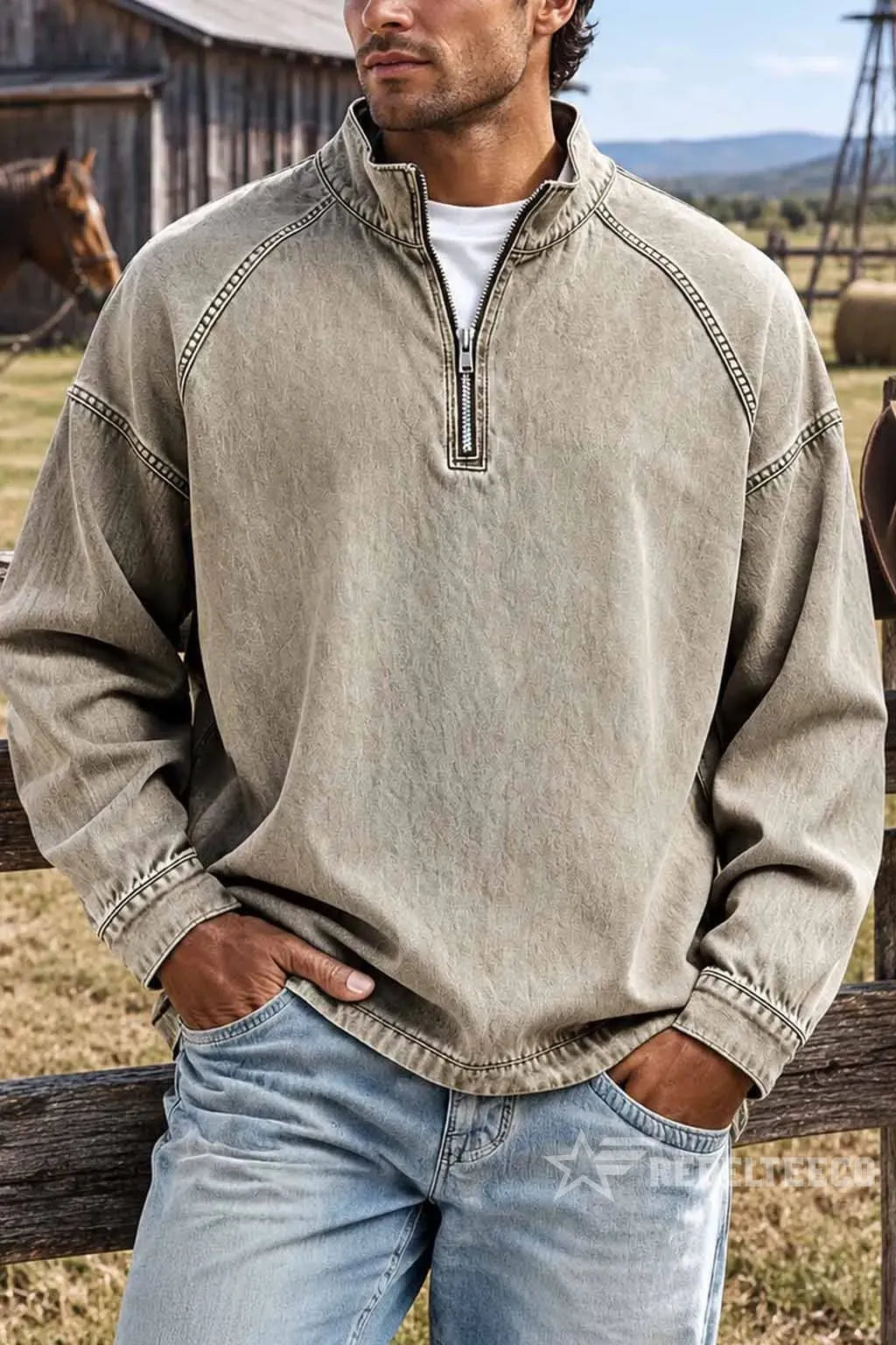 Khaki men's vintage half-zip cotton pullover in an outdoor setting