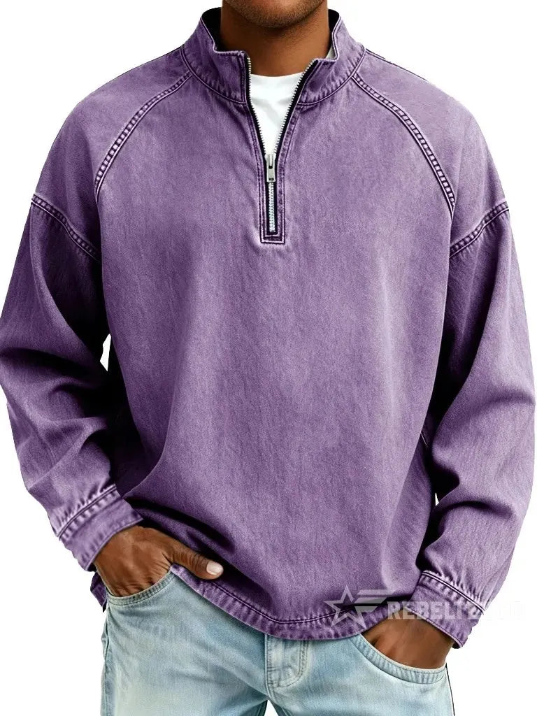 Military Green men's vintage half-zip cotton pullover on a white background