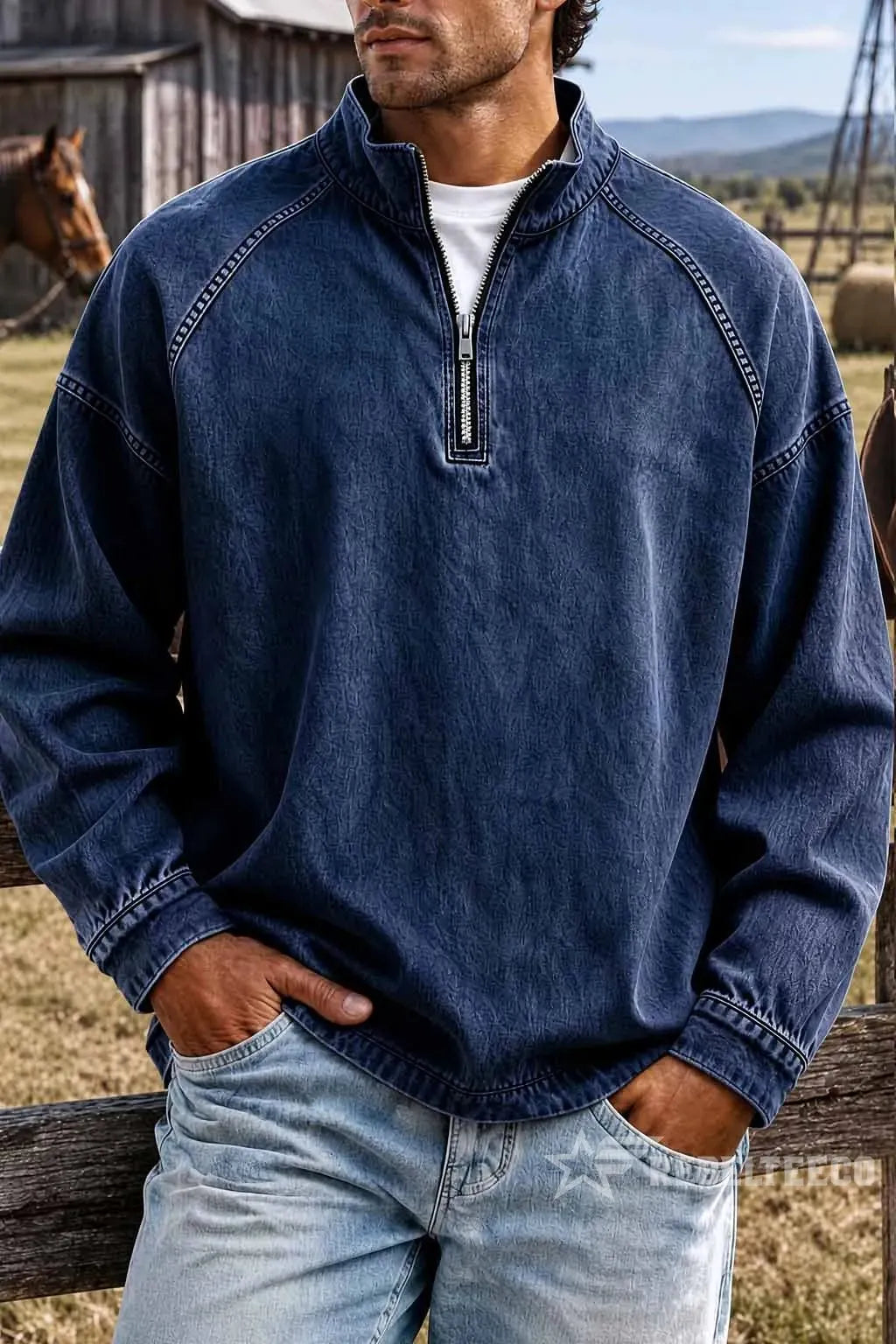 Navy Blue men's vintage half-zip cotton pullover in an outdoor setting