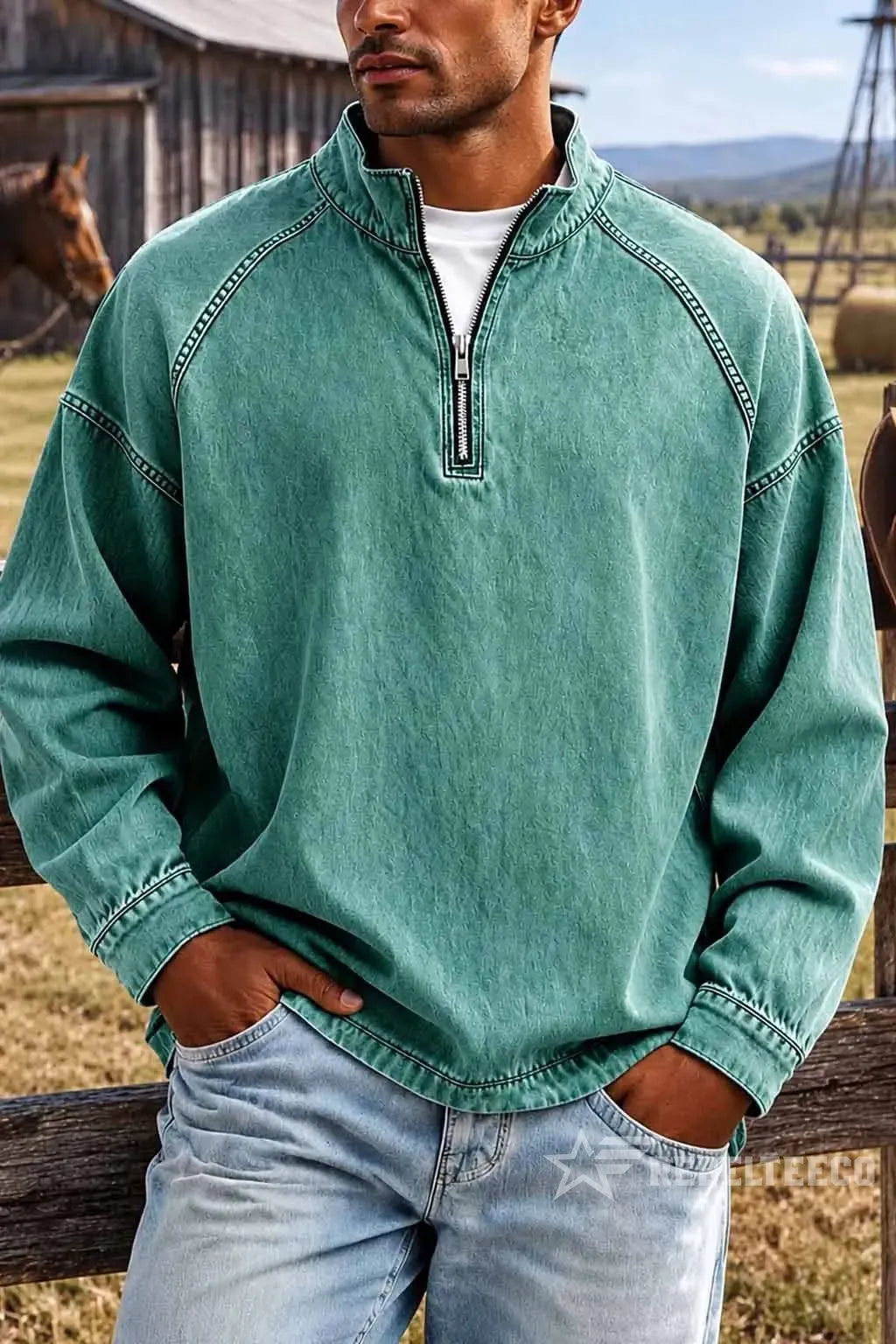 Light Green men's vintage half-zip cotton pullover in an outdoor setting