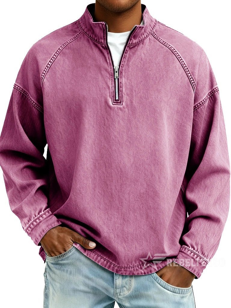 Pink men's vintage half-zip cotton pullover on a white background