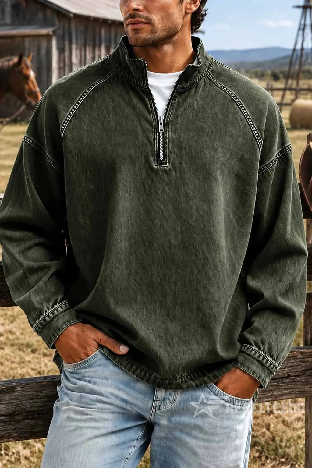Military Green men's vintage half-zip cotton pullover in an outdoor setting