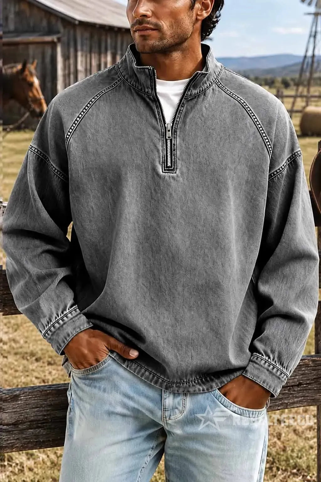 Grey men's vintage half-zip cotton pullover in an outdoor setting