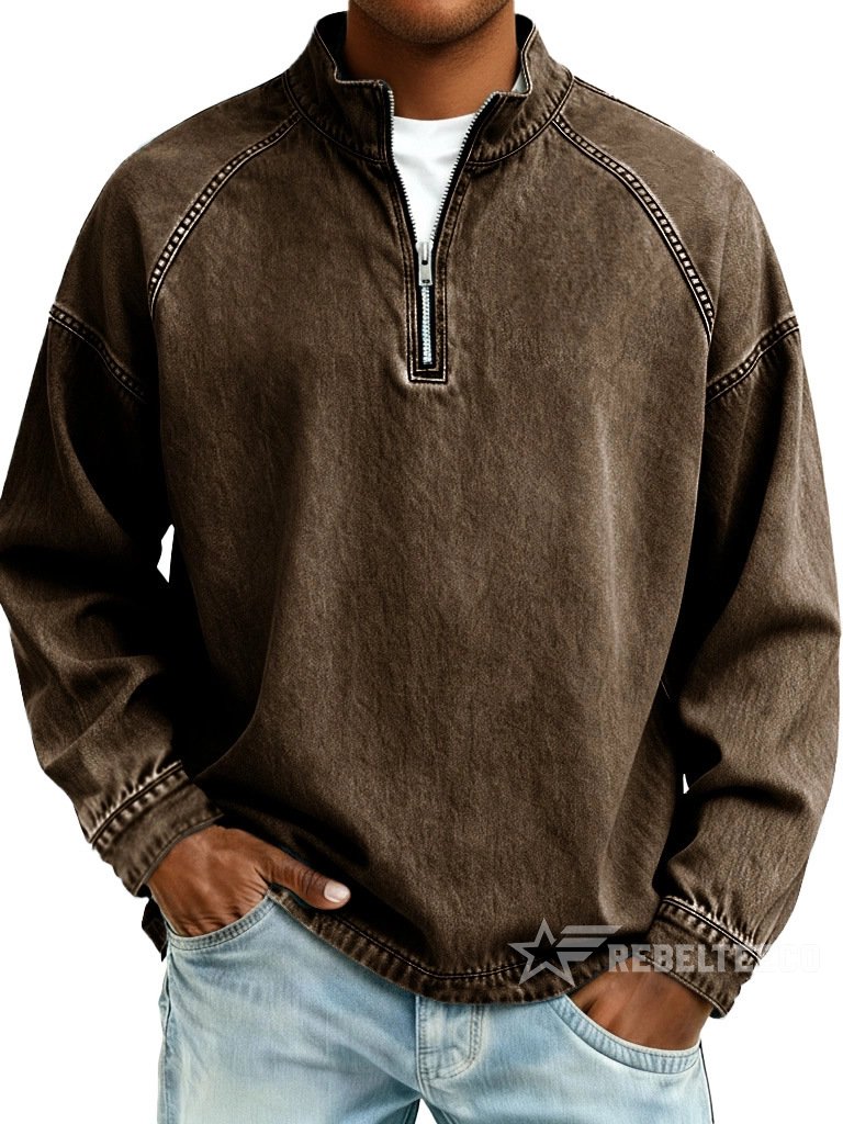 Navy Blue men's vintage half-zip cotton pullover on a white background
