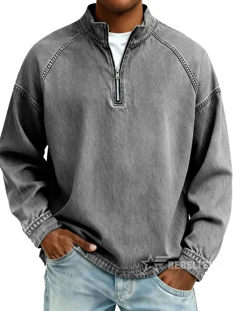 Grey men's vintage half-zip cotton pullover on a white background