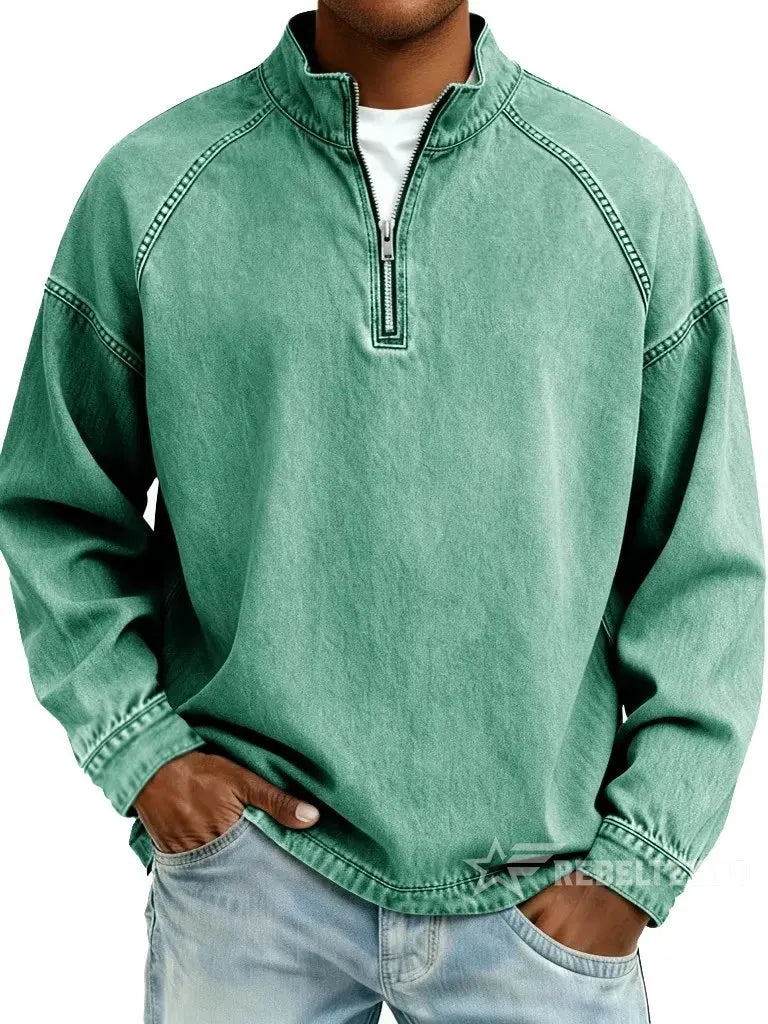 Light Green men's vintage half-zip cotton pullover on a white background