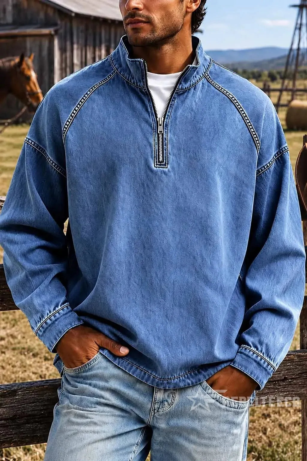 Blue men's vintage half-zip cotton pullover in an outdoor setting