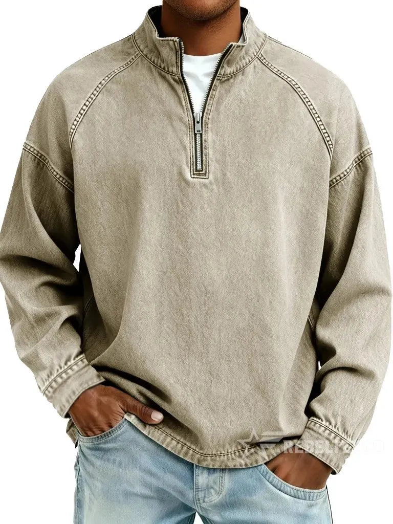 Khaki men's vintage half-zip cotton pullover on a white background