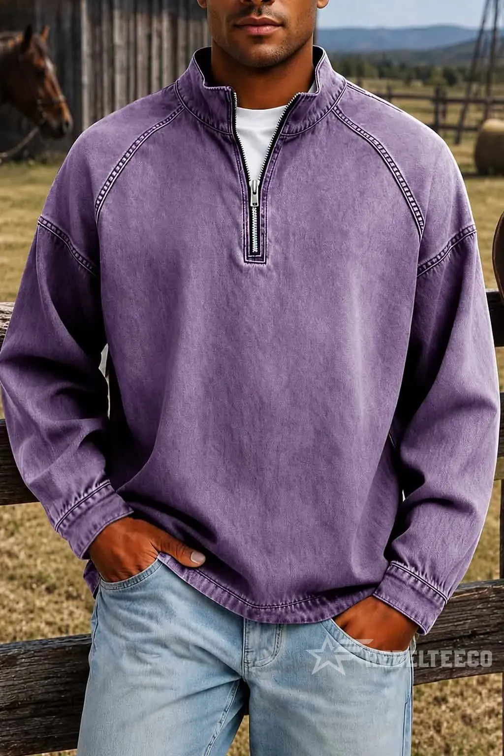 Purple men's vintage half-zip cotton pullover in an outdoor setting