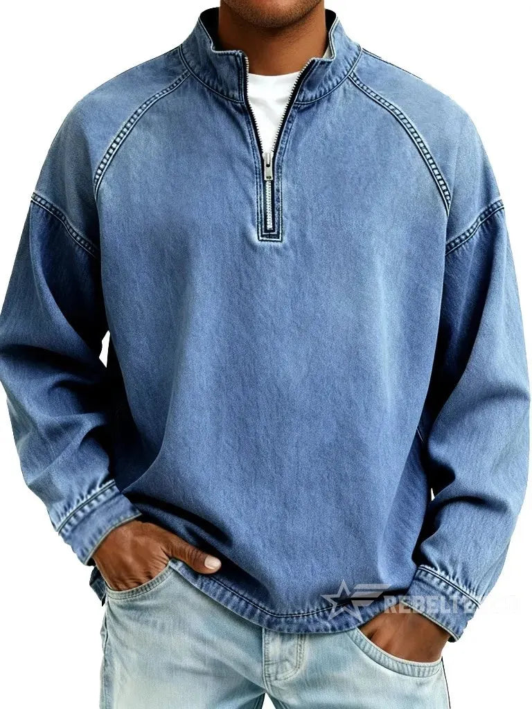 Blue men's vintage half-zip cotton pullover on a white background