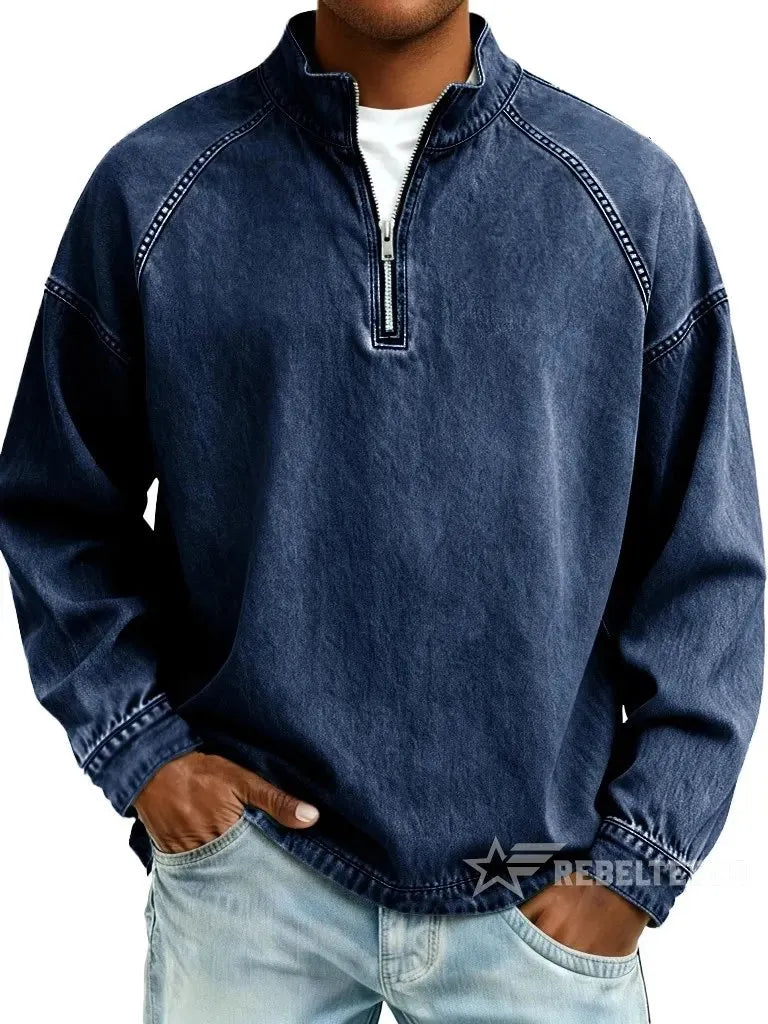 Purple men's vintage half-zip cotton pullover on a white background