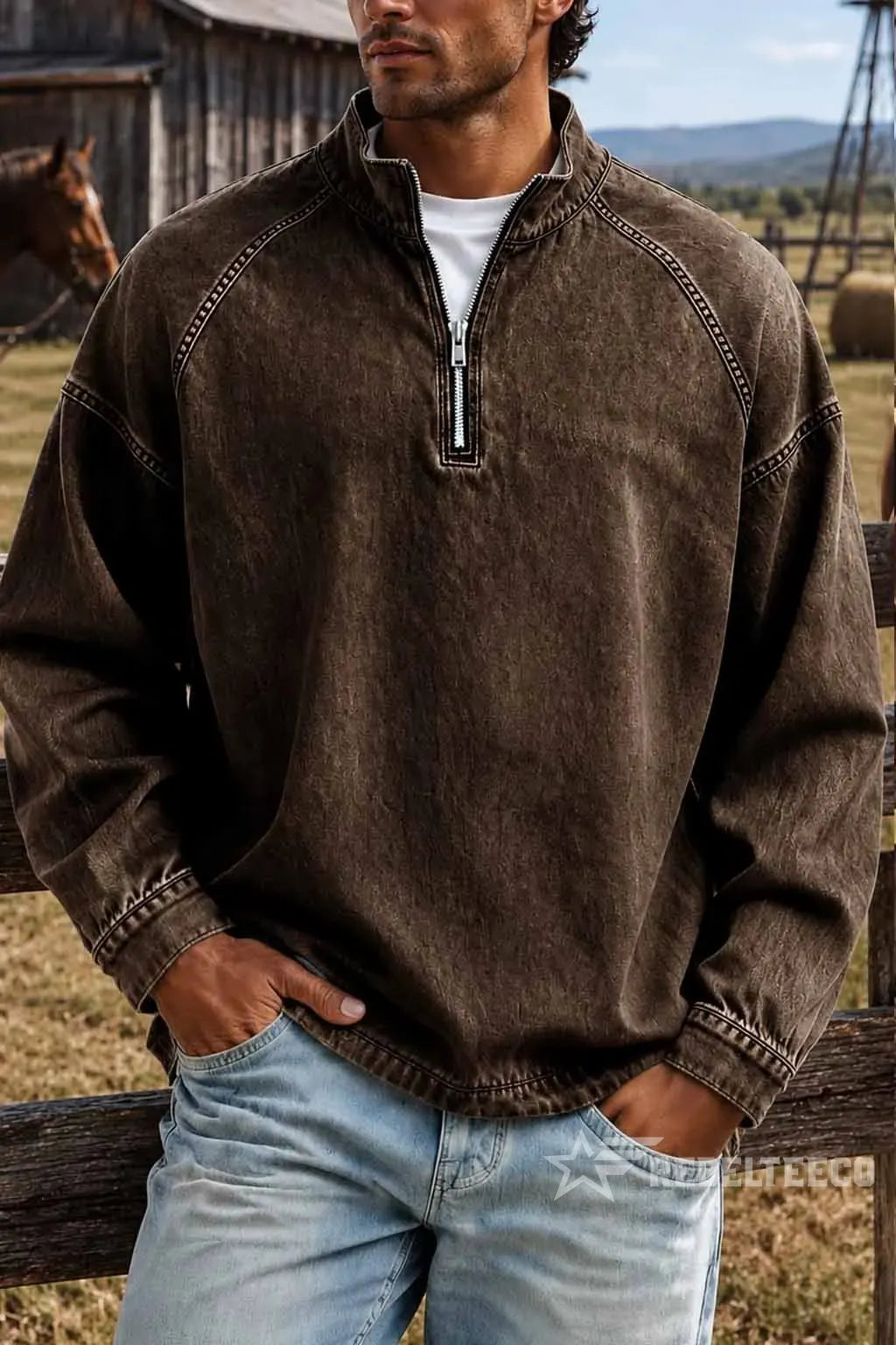 Brown men's vintage half-zip cotton pullover in an outdoor setting