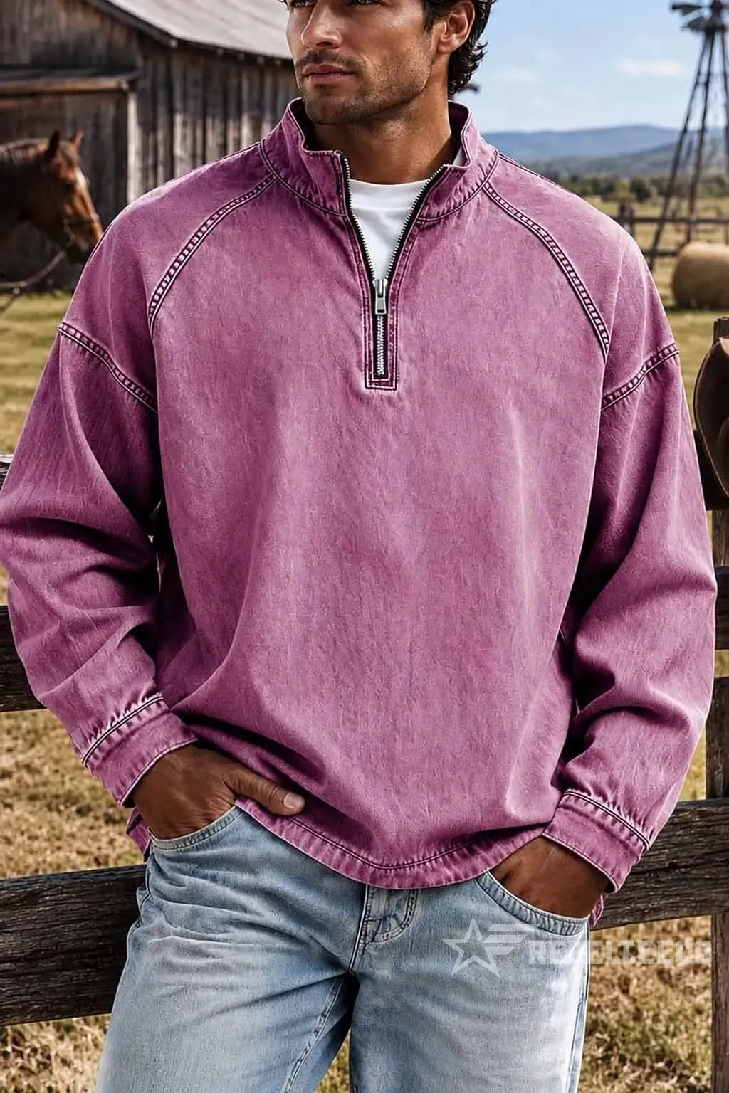 Pink men's vintage half-zip cotton pullover in an outdoor setting