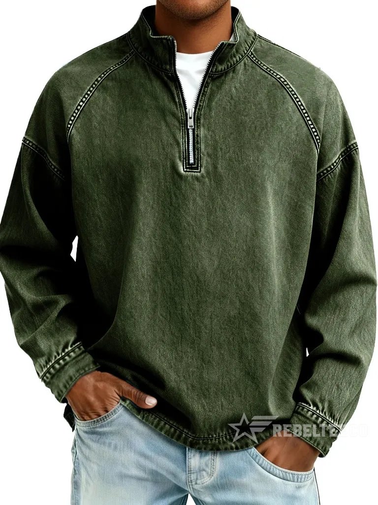 Brown men's vintage half-zip cotton pullover on a white background
